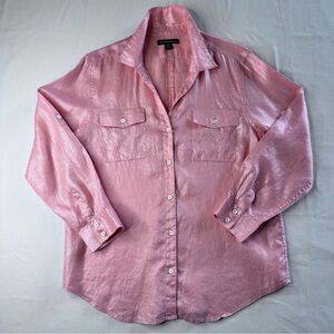 Tommy Bahama 100% Linen Oversized Button Down Metallic Pink Roll Tab Sleeves